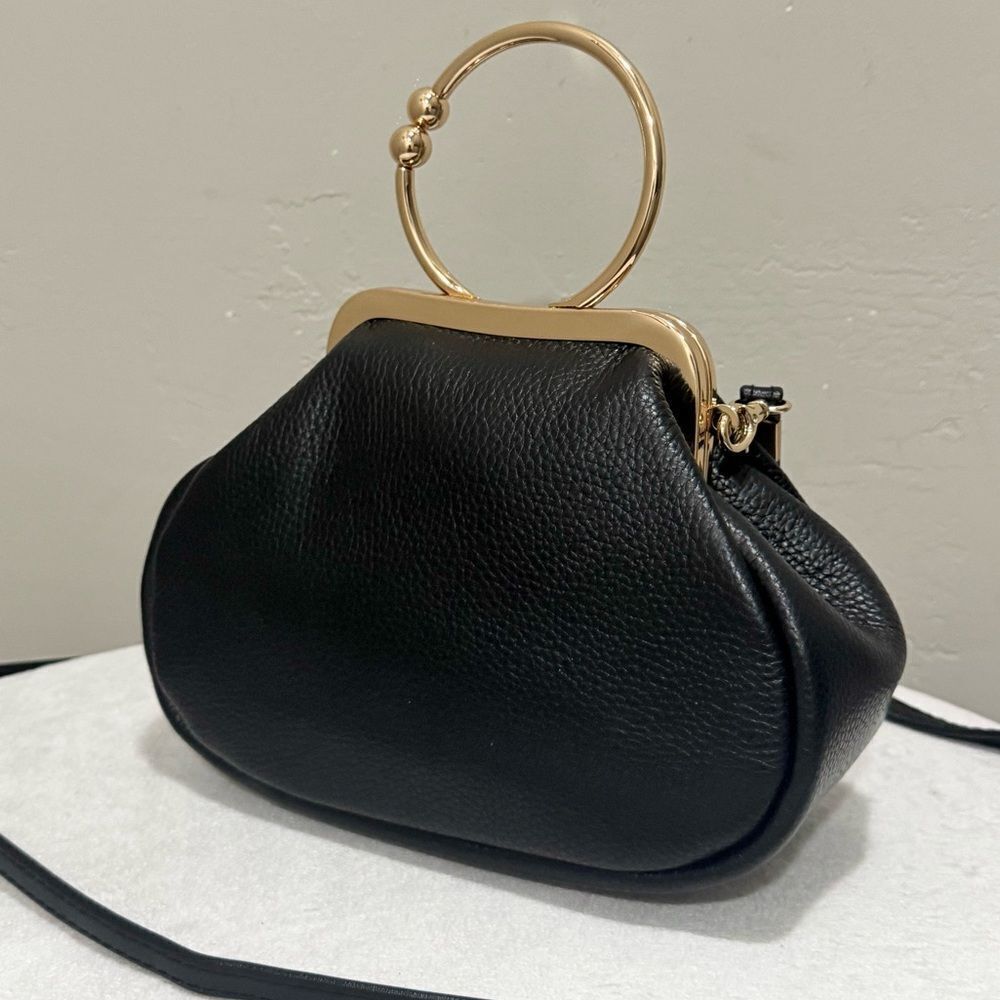 Black Genuine Pebble Leather Handmade Vintage Style Kiss-lock Wristlet/Crossbody